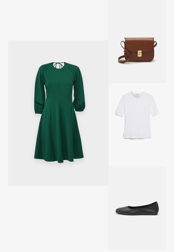 Zielona sukienka z długimi bufiastymi rękawami, okrągłym dekoltem i dopasowanym górą. Wykonana z miękkiego materiału, delikatnie rozkloszowuje się w talii aż do hemu.; Biała koszulka krótki rękaw wykonana z materiału prążkowanego. Okrągły dekolt, regularny krój i subtelne detale szwów. Bez wzorów ani grafik.; Czarne skórzane baletki z zaokrąglonym noskiem, gładką fakturą, minimalnymi przeszyciami i elastycznym designem podeszwy.; Brązowa skórzana torebka na ramię z klapką, złotymi detalami, paskiem na ramię i gładką teksturą. Kompaktowy prostokątny kształt.