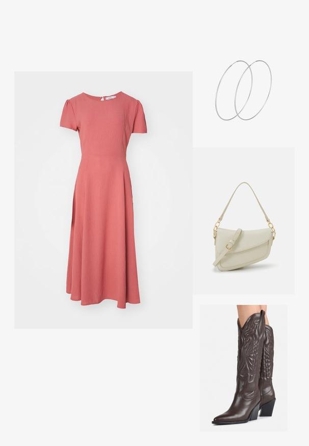 Ružičasta midi haljina s kratkim napuhanim rukavima, teksturiranom tkaninom, okruglim izrezom i zatvaranjem na rajsferšlus na leđima. Polu-raširena suknja.; Smeđe kožne kauboj čizme s šiljastim vrhom i blok-potpeticom, s detaljno izvezenim šavovima i uzdignutim naglascima na okovu.; Mala krem torbica s teksturiranim finišom, dugačkim podesivim remenom, lančanim detaljem i preklopom. Zlaćani hardver.; Srebrne okrugle naušnice s minimalističkim dizajnom. Kružni oblik, glatka tekstura i tanak profil. Lagane s poliranim završetkom.