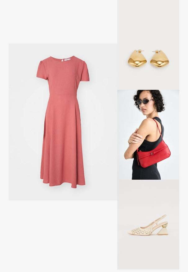 Rožinės spalvos midi suknelė su trumpomis pūkuotomis rankovėmis, tekstūruotas audinys, apvalus iškirpimas ir užtrauktukas nugaroje. Iš dalies plačios sijonas.; Bežinės slingback bateliai su perforuotu viršumi, smailiu nosiu ir kontrastinga trikampio formos pakulne, papuošta aukso akcentu. Apskritai sklandus paviršius.; Raudona odinė petinė rankinė su lygia tekstūra, išlenktu dizainu ir dekoratyvine sagtimi. Reguliuojama petneša ir užtrauktukas.; Auksinės metalinės auskarai su lygia, suapvalinta trikampio forma ir užsegimu; blizgus paviršius su minimaliais dekoratyviniais elementais.