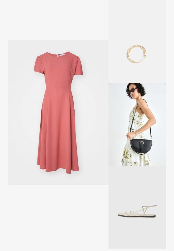 Ružičasta midi haljina s kratkim napuhanim rukavima, teksturiranom tkaninom, okruglim izrezom i zatvaranjem na rajsferšlus na leđima. Polu-raširena suknja.; Bež sandala na ravnom potplatu s više tankih trakica i podesivom kopčom. Potplat je ravan s blagim tamnim kontrastom na rubu.; Crna kožna torba s lukovitim oblikom, odvojivim remenom i zlatnim detaljima. Torba ima preklop s kopčom.; Prsten u zlatnoj nijansi s organskim, uvijenim dizajnom, glatkom teksturom i suženim krajevima, koji stvara moderan, skulpturalni izgled.