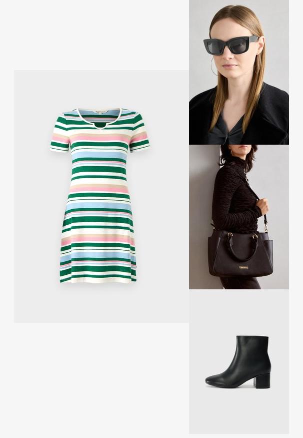 Stripet kortermet kjole med rund hals. Har grønne, blå, rosa og kremfargede horisontale striper. Myk, stretchy stoff.; Sorte skinn ankelsko med spiss tå og chunky hæl. Glatt tekstur med minimale detaljer og et elegant, tettsittende design.; Sorte katteøyne solbriller med mørke linser, tykke rammer og subtile detaljer. Båret med en svart frakk og grå topp, med langt, rett hår.; Svart håndveske med teksturert overflate, doble topphåndtak og justerbar skulderrem. Har detaljer i gulltone og sidelommer.