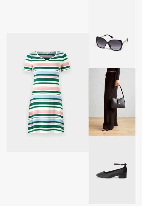 Črtasta kratka obleka s okroglim izrezom. Ima vodoravne črte v zeleni, modri, roza in kremni barvi. Mehka in elastična tkanina.; Črne usnjene pumpice z nazobčanimi prsti in nizko blokasto peto. Imajo trak okoli gležnja z zaponko v zlatem tonu. Gladka tekstura.; Črne prevelike sončne očala z degradacijskimi lečami, debelimi okvirji in zlatimi verižicami na ročajih.; Črna torbica z strukturirano obliko, gladko teksturo in kovinskim zaponko. Ujemajo se z širokimi črnimi hlačami in odprtimi sandali na lesenem tleh.