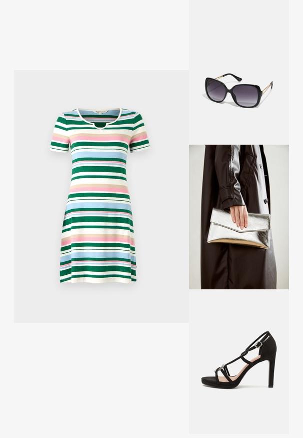 Raidallinen lyhythihainen mekko, jossa on pyöreä pääntie. Siinä on vihreitä, sinisiä, vaaleanpunaisia ja kermaisia va Horizontal stripes. Pehmeä, joustava kangas.; Mustat mokkanahkasaappaat, joissa on ristikkäiset hihnat, koristeellinen hopeanvärinen yksityiskohta ja korkea pohja lisäkorkeutta varten.; Mustat ylisuurten kehysten aurinkolasit, joissa on liukuväri-linssit, paksut kehykset ja kultasävyiset ketjustuskoristeet temppeleissä.; Hopeinen metallinen clutch-angular kirjekuorimuotoilu, sileä pinta ja kontrastivärinen sisustus, pidetään kädessä, jossa on musta takki.