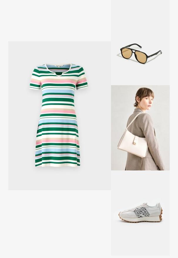 Juostuotas trumpomis rankovėmis suapvalintais iškirpte suknelė. Yra žalios, mėlynos, rožinės ir kreminės horizontalių juostų. Minkšta, elastinga medžiaga.; Baltos sportiniai bateliai su pilkais leopardų raštais, pagaminti iš zomšos ir odos medžiagų, su tekstūruota padu ir guminiu išoriniu padu, apvaliu nosiu ir šnuromis.; Juodi saulės akiniai su rudais lęšiais; stačiakampio formos, su storu rėmu, įskaitant subtilias detales ant šventyklų.; Balto odos rankinė su struktūrizuotu dizainu, turinti magnetinį užsegimą ir petnešą, demonstruojama prieš neutralią foną.