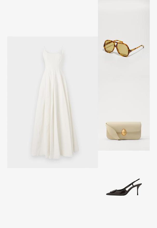 Rochie lungă albă dintr-un material cu un corset ajustat, bretele subțiri și fustă evazată. Textură netedă, fără modele sau broderii vizibile.; Sandală din piele patent neagră, cu vârf ascuțit, design minimalist, accent circular mic pe brant și toc subțire.; CHLOÉ CH0289S - Ochelari de soare - havana/green; Geantă de mână din piele bej, cu o textură netedă, formă rectangulară și un închizător oval auriu. Dispune de o curea lungă, ajustabilă.