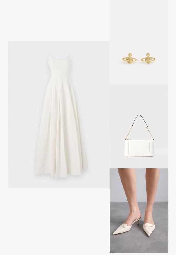 Bílé dlouhé šaty z látky s upnutým tělem, tenkými ramínky a rozšířenou sukní. Hladká textura bez viditelných vzorů nebo dekorací.; Krémové lodičky s špičatou špičkou a úzkým středním podpatkem, se zlatým řetízkovým detailem na nártu a hladkou koženou texturou.; Bílá kožená kabelka s texturovaným povrchem, zdobená zlatým řetízkem a černými akcenty. Obsahuje přední kapsu a uzavírání na zip.; Vivienne Westwood MINI BAS RELIEF EARRINGS - Náušnice - gold-coloured