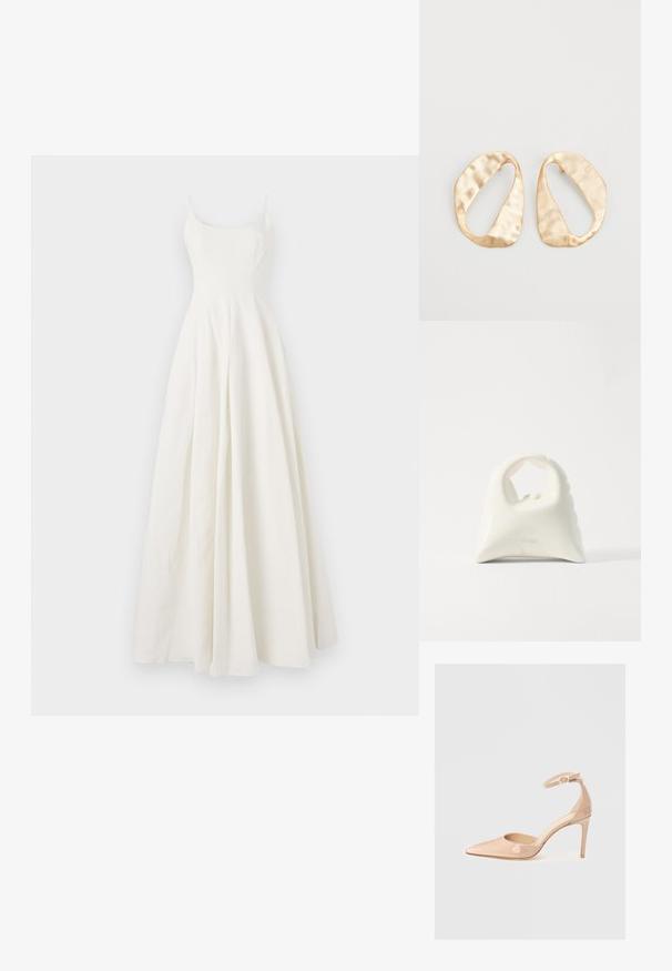 Fehér, hosszú ruha, amelyek anyaga testhez simuló felsőrészből, vékony pántokból és bővülő szoknyából áll. Simaság jellemzi, látható minták vagy díszítések nélkül.; Meztelen színű, lakk bőr, hegyesorrú cipő bokapánttal és stiletto sarkal, sima textúrával és minimalista dizájnnal. ; Fehér kézitáska, texturált, ívelt dizájnnal. Kiemelkedő füllel és lekerekített aljjal rendelkezik, sima felülettel és minimális fémszerelvényekkel.; Egy pár szabálytalan, ovális formájú, aranyszínű fém fülbevaló, enyhén kalapált felülettel, fehér háttéren.