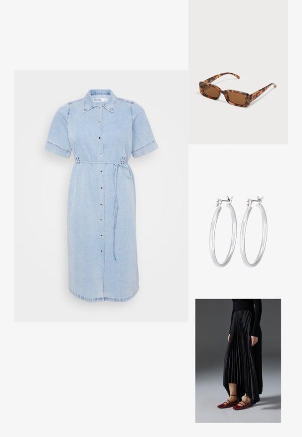 Ljusblå denimklänning med korta ärmar, knapplist fram och knytband i midjan. Har krage och avklarad fåll.; Svart plisserad kjol med hög-låg fåll, kombinerad med glansiga röda ballerinas med remdesign. Tyget har en mjuk textur.; Sköldpaddsmönstrade solglasögon med rektangulära bruna linser, en tjock ram och smala bågar som har ett mönster av varierande nyanser av brunt.; Silverfärgade hoopörhängen med en slät, polerad yta. Rund form och säker klickstängning. Lättviktig design som passar för vardagligt bruk.
