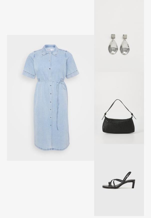 Lyseblå denimkjole med korte ermer, knappelukking foran og knyting i midjen. Har krage og finert kant.; Sorte sandaler med stropper, firkantet tå og lav blokk hæl. Har flere tynne stropper og en justerbar ankelstropp. Laget av glatt lær.; Svart vevd skulderveske med en glatt lærrem og glidelås. Har en teksturert overflate og buet form.; Sølv dråpeøreringer med firkantet studs, med en glatt, polert overflate og en tåreformet design som reflekterer lys med en blank overflate.
