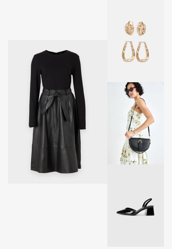 Blusa preta de manga longa combinada com uma saia preta de couro sintético, apresentando uma cintura atada e uma textura lisa e brilhante.; Sandy em verniz preto com salto slingback, ponta afilada e salto geométrico. Apresenta um design elegante e minimalista com textura suave.; Bolsa de couro preta com forma curva, alça destacável e detalhes em dourado. A bolsa possui uma aba com detalhe de fivela.; Brincos em tom de ouro com formas onduladas e texturizadas. Inclui studs escultóricos com presilha e um design de argola aberta com um acabamento martelado.