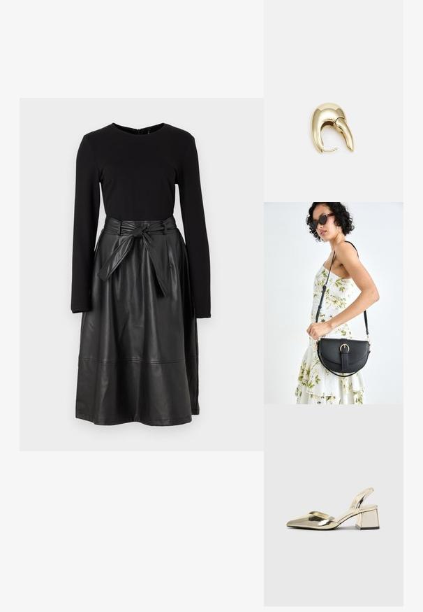 Svart langermet topp kombinert med et svart faux skinnskjørt, med en knyttet midje og en glatt, blank tekstur.; Gull, metallisk slingback-hæler med spiss tå og chunky hæl. Glatt tekstur, minimalistisk design og en smal stropp.; Svart lærveske med en buet form, avtagbar stropp og gullbeslag. Vesken har et klaff med spenne-detall.; Gullfarget metalløredobber med et elegant, buet design. Har en karakteristisk spiss form, polert overflate og hengsel-lukking.