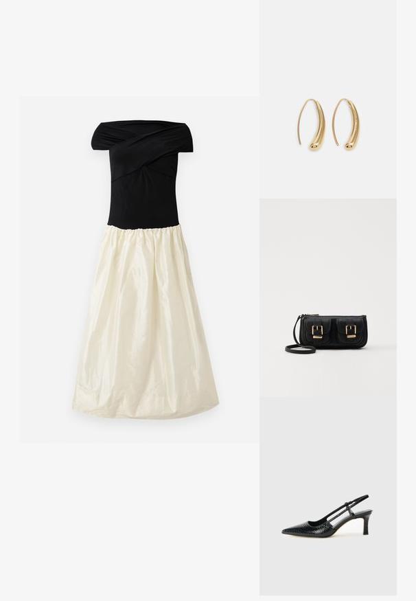 Juodas su peties iškirptės suknelė su prigludusia viršutine dalimi ir plačia kreminės spalvos, surinkta sijonu, turinčiu glotnią tekstūrą ir subtilų blizgesį.; Juodai lakuoti slingback aukštakulniai su smailiu nosiu, su tekstūruotu gyvatės raštu, reguliuojama juosta ir trumpu, tekstūruotu blokiniu kulnu.; Juodas odinis per petį nešiojamas krepšys su dviem priekiniais kišenėmis, auksiniais sagtimis, užtrauktuko uždarymu ir siauromis petnešomis. Textūruota paviršius ir kompaktiškas stačiakampis formatas.; Auksinės metalinės auskarų kabės su lenktą, pailgą forma. Turi lygų, blizgantį paviršių ir užapvalintą galiuką papildomam akcentui.