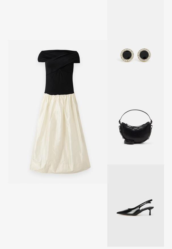 Must musta varrukateta kleit, millel on sobiv ülaserv ja voolav kreemjas kogutud seelik, mis omab siledat tekstuuri ja peent sära.; Must have musta nahk sanga taldadega kingad, terava ninaga, õhukese kontsaga ja reguleeritava kinnitusega. Sujuv tekstuur minimaalse kaunistusega.; Must have musta nahk-efektega käekott, millel on kumer kuju, eemaldatav õlapael ja ees särav metalliline detail.; DKNY INLAY STUD - Kõrvarõngad - black/gold-coloured