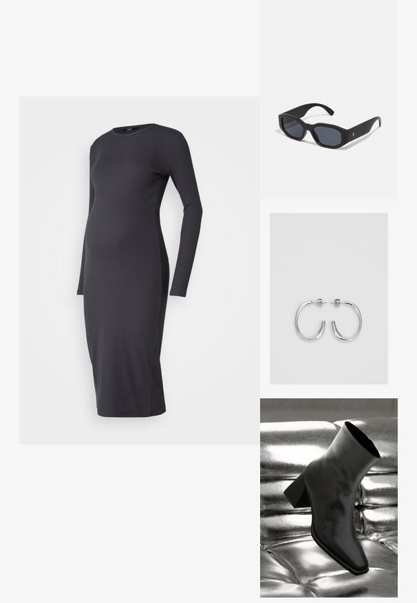 Džinsinė nėštumo suknelė tamsiai pilkos spalvos, su ilgomis rankovėmis, suapvalintu iškirpimu, aptempta siluetas, iki kelių ilgio. Lygus audinys, be raštų.; Juodos kulkšnies botai, pagaminti iš blizgaus medžiagos, su kvadratine padu ir siauru kulnu, prieš blizgiai sidabrinį pūsto audinio foną.; Juodos akiniai nuo saulės su stačiakampiais rėmeliais, matinio paviršiaus, tamsiais objektyvais ir šiek tiek lenktomis rankenėlėmis. Diskretiška logotipo detalė ant vienos rankenėlės.; Sidabriniai lankelio formos auskarai su lygiu, blizgiu paviršiumi, išlenktos formos ir su užsegimu. Minimalistinio dizaino su moderniu apdaila.