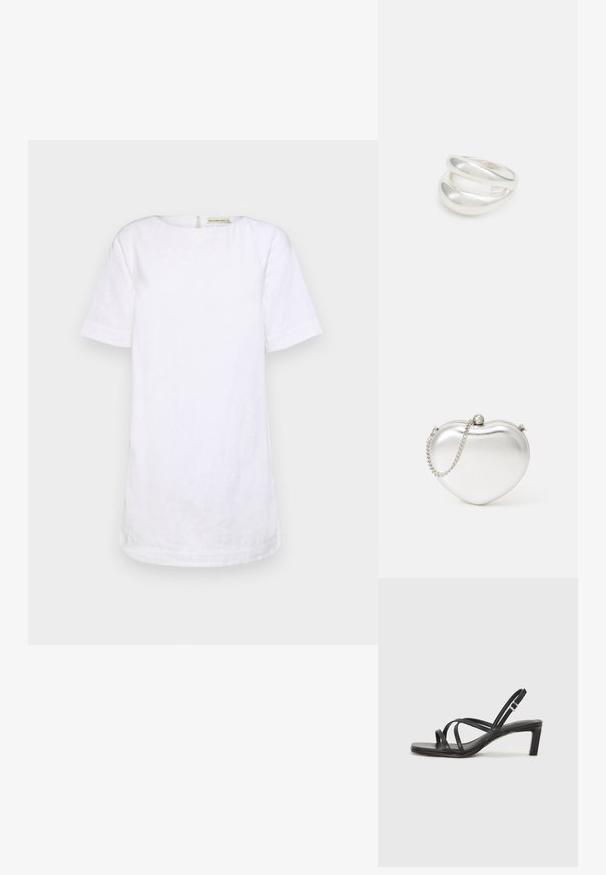 Abercrombie & Fitch T-SHIFT LINEN MINI - Dienas kleita - brilliant white; Melnas strappy sandales ar kvadrātveida purngaliem un zemu bloku papēdi. Ievērojamas ar vairākiem plāniem siksniņām un regulējamu potītes siksniņu. Izgatavotas no gludas ādas.; Sirds formas metāla sudraba somiņa ar gludu tekstūru, aizbāznis un sudraba ķēdes siksna.; Sudraba divu joslu gredzens ar gludu, pulētu virsmu. Iezīmējas ar plūstošu, izliekta dizaina struktūru ar pārklājošām sekcijām modernam izskatam.