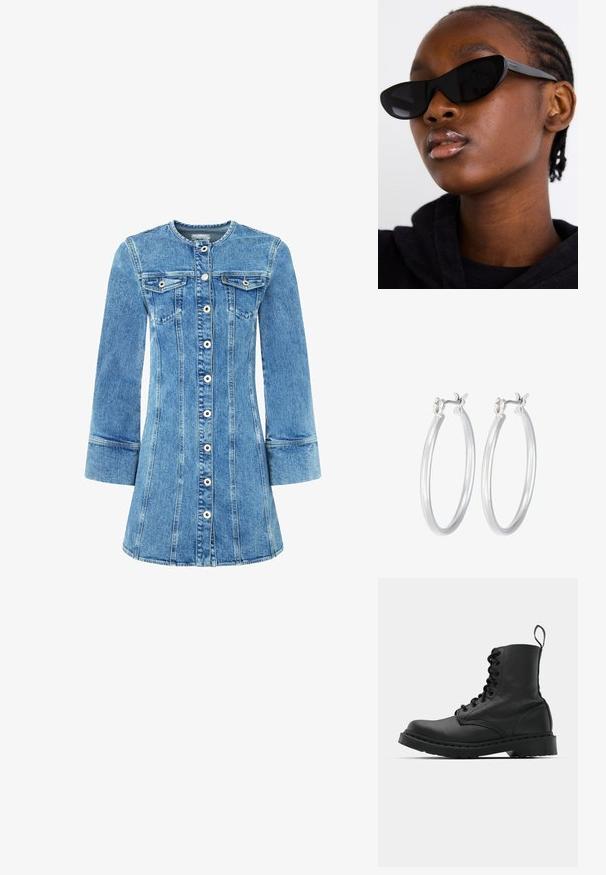 Denimkleit heledsinise pesuga, nupuga ees, kahe rinnataskuga ja pikkade varrukatega. Omab struktureeritud õmblusi ja laienevat seelikut.; Mustad mustavi combat kingad ümmarguse varbaga, paeltega esiosa ja säärel tõmbeaas. Omab paksu kummist tallat, mis tagab vastupidavuse.; Must musta silmad eest vaatavad mustad prillid, millel on matt viimistlus, elegantne disain ja õrnalt kõverad servad, mudeli tumeda riietuse taustal.; Hõbedased rõngaskõrvarõngad, millel on sile, läikiv viimistlus. Ümmargune kuju ja turvaline klõpsulatus. Kerge disain, sobib igapäevaseks kandmiseks.