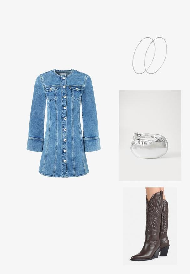 Džinsinis suknelė su šviesiai mėlyna skalbimo spalva, mygtukų užsegimas priekyje, dvi krūtinės kišenės ir ilgos rankovės. Yra struktūrizuoti siūlai ir plačias sijonas.; Rudos odinės kaubojaus batai su smailiu priekiu ir blokuotu kulnu, pasižymintys detaliu siuvinėjimu ir iškiliais akcentais ant ašies.; Sidabrinė metalinė maišelio forma su švelnia, apvalia forma ir mazgu užveriamu viršumi. Pagaminta iš lygios dirbtinės odos medžiagos.; Sidabrinės pusmėnulio auskarai minimalistiniu dizainu. Apskritimo forma, lygus paviršius ir plonas profilis. Lengvi su poliruotu apdailu.