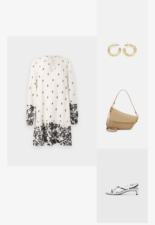 Vestido branco com estampa de folhas pretas, mangas longas e punhos elásticos. Apresenta uma bainha franzida e um fecho com laço na parte de trás do pescoço.; Sandália slingback metálica prateada com um salto baixo, apresentando tiras entrelaçadas e uma textura suave. Design minimalista.; Even&Odd Mala de mão - beige; Brincos em argola dourados com um acabamento liso e brilhante. Design circular com um pequeno pino e suporte transparente para um uso seguro.