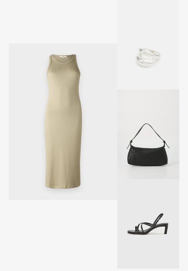 Kostium midi w kolorze beżowym z prążkowanej tkaniny, o dopasowanej sylwetce, bez rękawów i zaokrąglonym dekolcie; wykonany z miękkiego, elastycznego materiału.; Czarne sandały na obcasie z prostokątnym noskiem i niskim słupkowym obcasem. Posiadają wiele cienkich pasków i regulowany pasek na kostkę. Wykonane z gładkiej skóry.; Czarna, pleciona torba na ramię z gładkim skórzanym paskiem i zapięciem na zamek. Charakteryzuje się teksturowaną powierzchnią i zakrzywionym kształtem.; Srebrna obrączka podwójna z gładką, polerowaną powierzchnią. Posiada płynny, zakrzywiony kształt z nakładającymi się sekcjami, co nadaje nowoczesny wygląd.