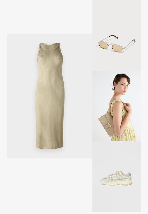 Rebrasto, bež midi obleko s prilegajočim silhueto, brez rokavov in okroglim izrezom; izdelana iz mehkih, elastičnih materialov.; Svetlo bež športni čevelj z mrežastimi paneli in oblazinjeno podplatom. Ima zavezovanje z vezalkami, zaobljenost na prstih in zlate poudarke na strani.; Metalne sončna očala z ovalnimi, svetlo rjavimi lečami. Tanjša srebrna okvirja s teksturiranimi detajli in rdečkasto-rjavimi konicami na ročajih.; Bežna usnjena torbica s strukturirano zasnovo, z zlatim zaponko in nastavljivim trakom, prikazana na svetli podlagi.