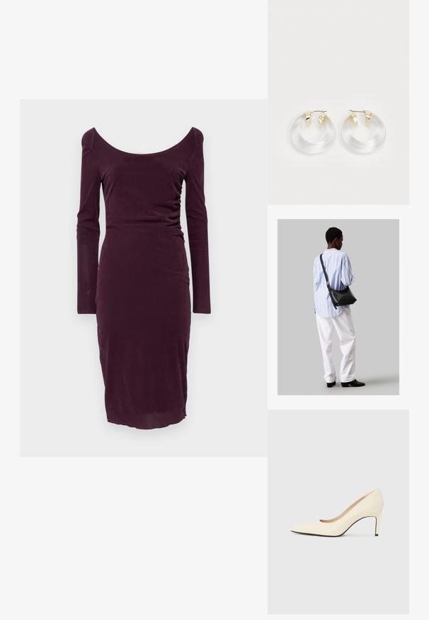 Μακρυμάνικο φόρεμα σε σκούρο μπορντό χρώμα με σώμα σκαφτό, εφαρμοστή σιλουέτα και διακριτική ραφή από τη μία πλευρά. Λείο υφασμάτιο.; Λευκή δερμάτινη γόβα ψηλού τακουνιού με μυτερή μύτη, λεία υφή και μαύρη σόλα. Κλασικός σχεδιασμός με μέτριο ύψος τακουνιού.; Μαύρη δερμάτινη τσάντα ώμου με απαλή υφή, τριγωνικό σχήμα και ρυθμιζόμενο λουρί, συνδυασμένη με ένα ανοιχτό μπλε ριγέ πουκάμισο και λευκό παντελόνι.; Διαφανή ακρυλικά σκουλαρίκια σε σχήμα κρίκου με χρυσούς μεταλλικούς λεπτομέρειες και γυαλιστερή φινίρισμα. Διαθέτουν μαλακό, κυκλικό σχέδιο.