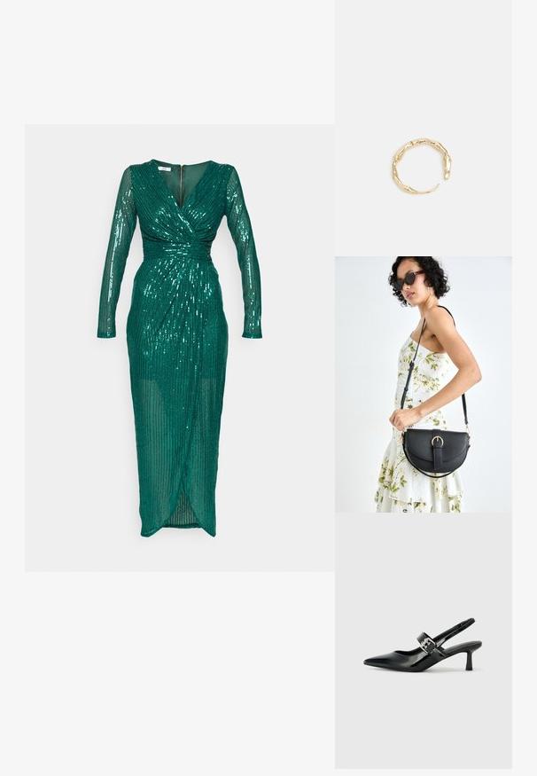 WAL G. PARTY SEQUIN DARLING DRESS - Oblačila za posebne priložnosti - emerald green; Črne patent usnjene slingback pete s koničastim nosom in majhnim blok peto, ki vključujejo srebrno zaponko na traku.; Črna usnjena torbica s ukrivljeno obliko, z odstranljivo naramnico in zlatimi dodatki. Torbica ima pokrov s podrobnostmi v obliki zaponke.; Zlati prstan s organskim, zvitim dizajnom, gladko površino in taperiranimi konci, ki ustvarja modernega, skulpturalnega videza.