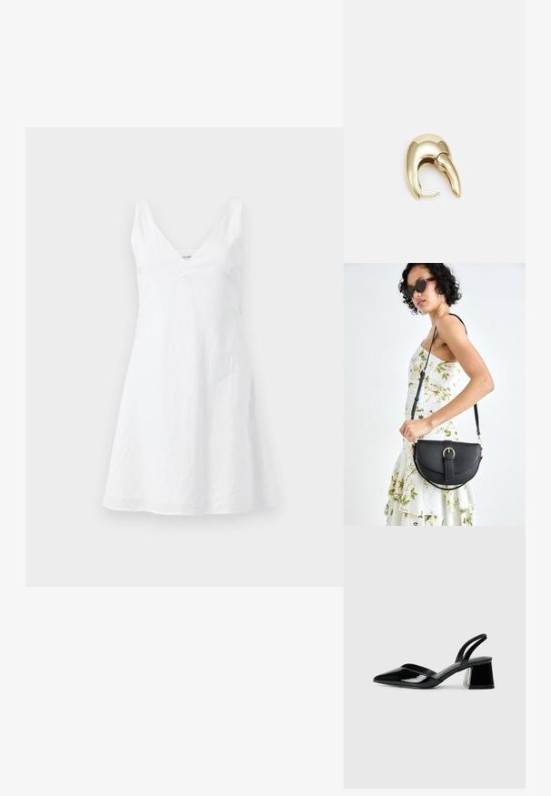 Hvit linkjole med V-hals, tettsittende liv og utvidet skjørt. Stoffet har en lett rynket tekstur. Ingen synlige mønstre eller detaljer.; Svarte patentlær slingback hæler med spiss tå og geometrisk blokk hæl. Har et stilrent, minimalistisk design og jevn tekstur.; Svart lærveske med en buet form, avtagbar stropp og gullbeslag. Vesken har et klaff med spenne-detall.; Gullfarget metalløredobber med et elegant, buet design. Har en karakteristisk spiss form, polert overflate og hengsel-lukking.