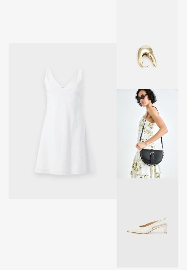 White linen dress with a V-neckline, fitted bodice, and flared skirt. The fabric has a slightly crinkled texture. No visible patterns or accents.; White patent leather slingback shoe with a pointed toe and a low block heel. Features a subtle strap with a gold-tone buckle detail.; Black leather handbag with a curved shape, detachable strap, and gold hardware. The bag features a flap with a buckle detail.; Gold-tone metal earring with a sleek, curved design. Features a distinctive pointed shape, polished surface, and hinge closure.