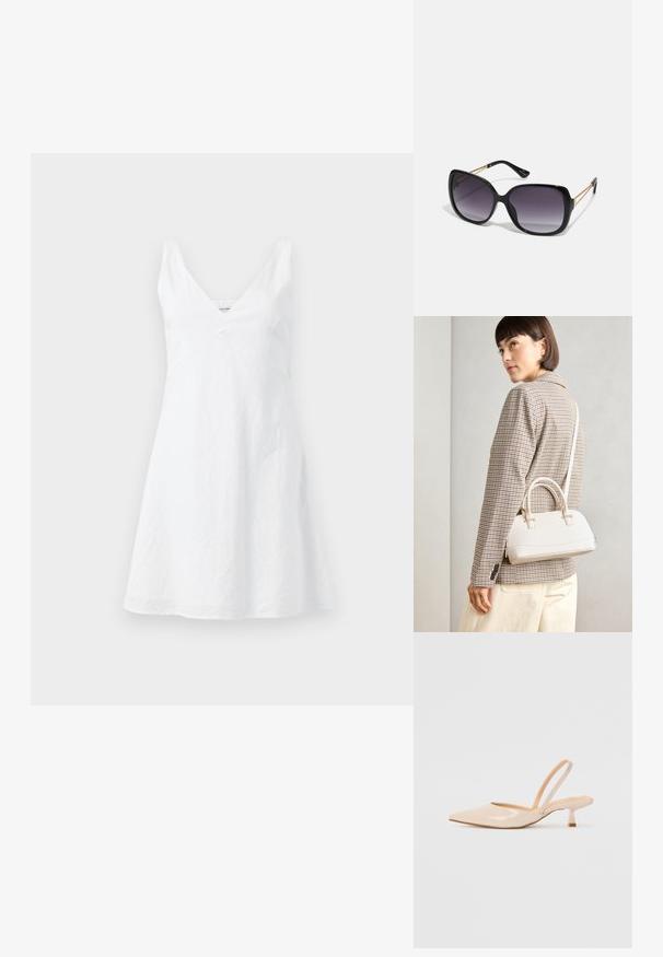 Witte linnen jurk met een V-hals, een aansluitend lijfje en een uitlopende rok. De stof heeft een licht gekreukt textuur. Geen zichtbare patronen of accenten.; Beige patenten leren slingback hakken met een spitse neus en een slanke, vierkante hak. Glad textuur en minimalistisch ontwerp zonder versieringen.; Zwarte oversized zonnebril met gradient glazen, dikke montuur en gouden kettingdetails op de pootjes.; Witte gestructureerde handtas met korte handvatten en een schouderband, voorzien van gouden hardwareaccenten en een textuurmateriaal, tentoongesteld tegen een grijze achtergrond.