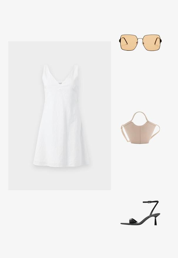 Weißes Leinenkleid mit V-Ausschnitt, tailliertem Oberteil und ausgestelltem Rock. Der Stoff hat eine leicht zerknitterte Textur. Keine sichtbaren Muster oder Akzente.; Bershka High Heel Sandalette - black; Quadratische Sonnenbrillen mit braunen Gläsern und einem dünnen schwarzen Metallrahmen. Verfügt über schräg gestaltete Bügel und verstellbare Nasenpads für zusätzlichen Komfort.; Beige Lederhandtasche mit einer einzigartigen Form, die zwei kurze Henkel und einen langen verstellbaren Riemen aufweist. Glatte Textur mit minimalen Hardware-Elementen.