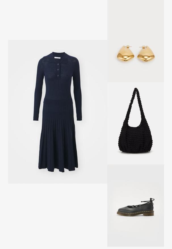 Navy ribbed knit dress with a collar, featuring a button placket, long sleeves, and a pleated skirt for a fitted silhouette.; Black leather shoe with a rounded toe, low heel, lace detailing, and yellow stitching along the sole. Smooth texture with a matte finish.; Black textured fabric bag with a single twisted strap, featuring a puffy shape and gathered surface design.; Gold-tone metal earrings with a smooth, rounded triangular shape and post-back design; reflective surface with minimal detailing.