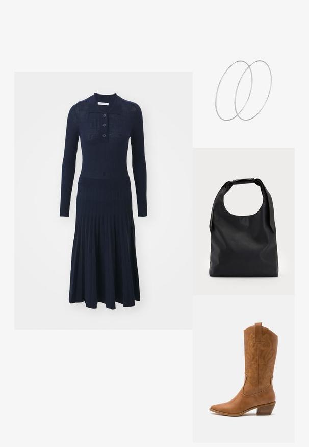 Morska modra pletena obleka z ovratnikom, ki ima gumbasto zapiranje, dolge rokave in nabran krilo za prileganje silhuete.; Rjavi usnjeni kauboj čevlji s koničastim nosom, vezenimi vijugastimi vzorci na zgornjem delu in zloženim kvadratnim peto. Imajo zanko za enostavno obuvanje.; Črna usnjena torba hobo z enim mehkobnim, okroglim ročajem; ima gladko teksturo in minimalističen dizajn. Brez vidnih kovinskih delov ali poudarkov.; Srebrne uhane v obliki obroča z minimalističnim dizajnom. Krožna oblika, gladka tekstura in tanek profil. Lahki s poliranim zaključkom.