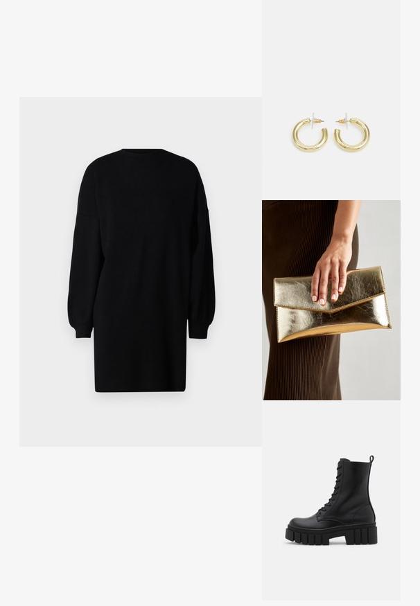Vestido preto de malha com decote redondo, mangas longas volumosas e um corte solto. Textura suave sem padrões visíveis ou detalhes em metal.; Bota ankle de couro preto com sola robusta e estriada, frente com atacadores e alça na parte de trás, sobre fundo branco liso.; Bolsa de mão metálica dourada com uma textura suave, apresentando um fecho em aba triangular. A mão que a segura tem unhas bem cuidadas.; Brincos em argola dourados com um acabamento liso e brilhante. Design circular com um pequeno pino e suporte transparente para um uso seguro.