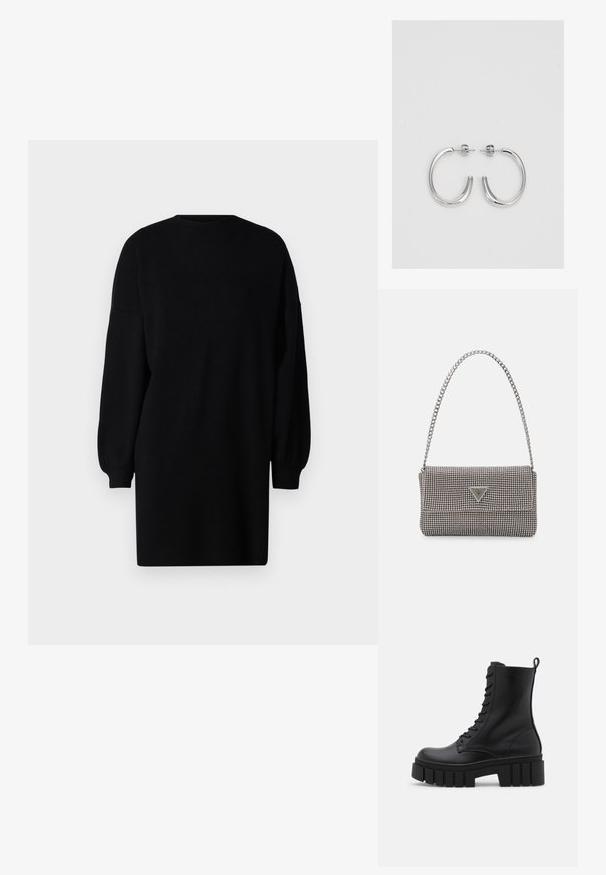 Rochie tricotată neagră cu guler rotund, mâneci lungi bufante și o croială lejeră. Textură netedă, fără modele vizibile sau detalii metalice.; Botine negre din piele cu talpă masivă și zimțată, cu sistem de șireturi și cârlig pentru tragere, pe fundal alb. ; Geantă metalică gri deschis, cu un strap din lanț, decorată cu mici ținte circulare metalice și un logo de marcă triangular.; Cercei creole din argint cu suprafață netedă și lucioasă, având o formă curbată și închidere cu tija. Design minimalist cu un finisaj modern.