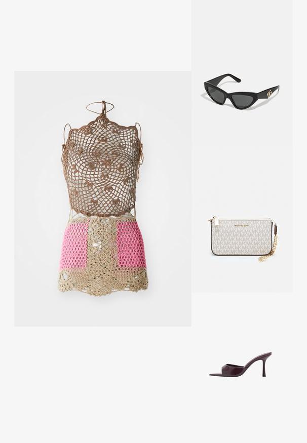 Virkat topp med intrikat brun mönster, med rosa och beige sektioner. Justerbara snörningar vid axlarna och nederkanten. Öppen vävstruktur.; Burgundy högklackade mule-sandaler med fyrkantig tå, tillverkade av slätt läder. Har en stilren, minimalistisk design och en avsmalnad klack.; Kattögon-solglasögon med en matt svart plastbåge, mörka linser och en guldlogotyp som accent på skalmen. Vinklad design och jämn yta.; Michael Kors handledos i beige belagd kanvas med ett upprepande MK-logomönster, gyllene detaljer och ett avtagbart kedjehandtag.