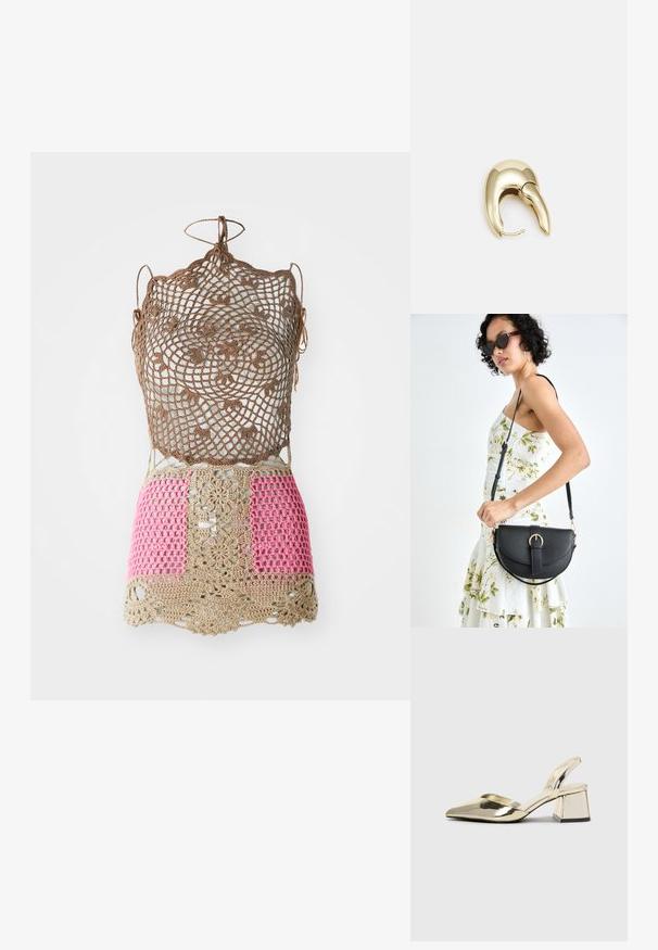Háčkovaný top s propracovaným hnědým vzorem, obsahující růžové a béžové sekce. Nastavitelné stahování na ramenou a lemu. Otevřená textura.; Kovové zlaté pantofle na podpatku s špičatou špičkou a masivním podpatkem. Hladký povrch, minimalisticý design a úzký pásek.; Černá kožená kabelka s křivkovým tvarem, odnímatelným popruhem a zlatými detaily. Kabelka má klopu s přezkou.; Náušnice ve zlatém tónu z kovu s elegantním zakřiveným designem. Vyznačují se jedinečným špičatým tvarem, lesklým povrchem a závěsem na kloub.
