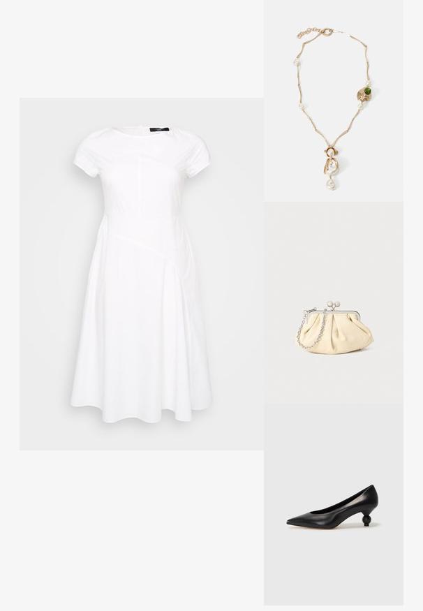 Hvid kjole med korte ærmer, sømdetaljer, A-formet snit, rund halsudskæring og glat, tekstureret stof. Rent og moderne design.; Sort læder høje hæle med spids tå og rund, kugleformet hæl. Glat tekstur med et stilrent, minimalistisk design.; Plisseret beige læderclutch med en sølvmetalramme, der har to runde dekorative låse og en sølvkædetrasporte.; Guld-tone halskæde med snoede led og hvide perler samt en grøn stenaccent. Har intrikate detaljer og en spænde til fastgørelse.