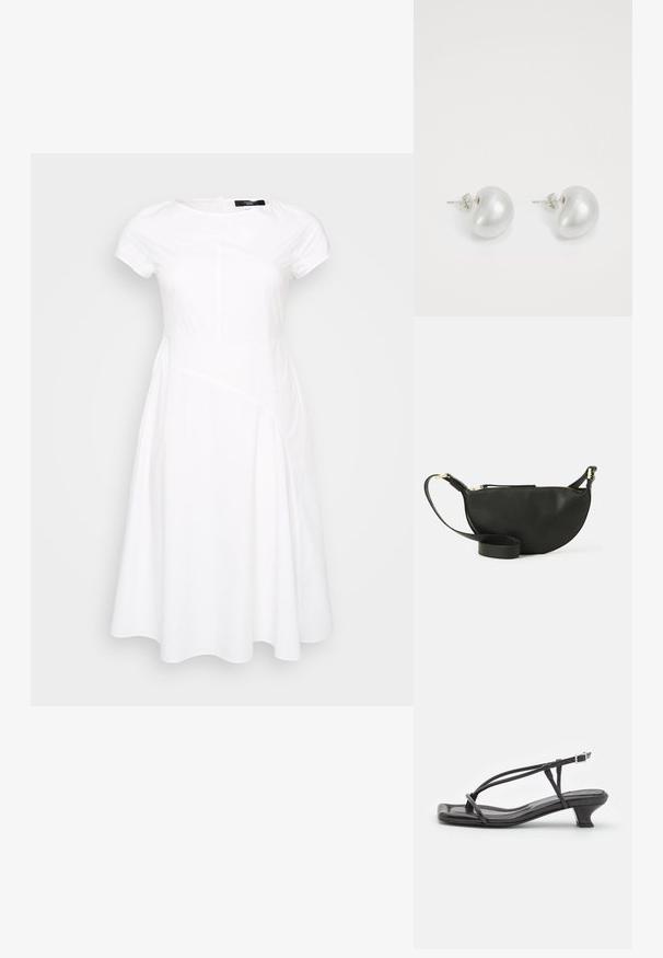 Biele krátke šaty s krátkym rukávom, so zošitím, A-liniovým strihom, okrúhlym výstrihom a hladkou textúrovanou látkou. Čistý a moderný dizajn.; Čierne kožené sandále s tenkými remienkami, nízkym blokovým opätkom a štvorcovou špičkou. Majú pracku na uzatvorenie a hladký povrch.; Čierna kožená crossbody taška v tvare polmesiaca, s textúrovaným povrchom, zlatým zipsom a plochým popruhom. Kompaktný dizajn vhodný pre nevyhnutnosti.; Strieborné perlové náušnice s zakriveným, fazuľovým tvarom. Hladký, lesklý povrch a zabezpečené s kolíkom a zadným uzáverom.
