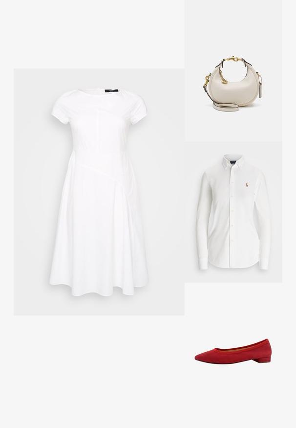 Robe blanche à manches courtes avec un détail de couture, forme évasée, col rond et tissu lisse et texturé. Design épuré et moderne.; Chemise blanche à manches longues avec col pointu, en coton. Présente un petit logo brodé sur la poitrine gauche.; Ballerines en suede rouge avec un bout pointu, un petit talon carré, et un bord élastiqué autour de l'ouverture pour un ajustement confortable.; Sac à main en cuir crème avec une forme de croissant, quincaillerie dorée, accents noirs et une bandoulière amovible. Présente un détail en chaîne et une étiquette.