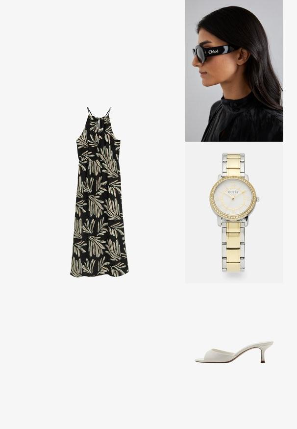 Crna maksi haljina s uzorkom lišća u bež i svijetloplavoj boji. Halter vrat dizajn s podesivim naramenicama i elastičnom strukom.; Bijele otvorene sandale s visokom petom, glatke površine, minimalističkog dizajna i uske pete, sa suptilnim smeškastim naglaskom na đonu.; Crne sunčane naočale s okruglim lećama i odvažnim, uglatim okvirom s brendom "Chloé" u bijeloj boji sa strane. Glatka, sjajna završna obrada.; Okrugli sat od nehrđajućeg čelika sa srebrnim i zlatnim metalnim povezom. Bijela ploča ima zlatne naglaske i bezelj ukrašen kristalima.