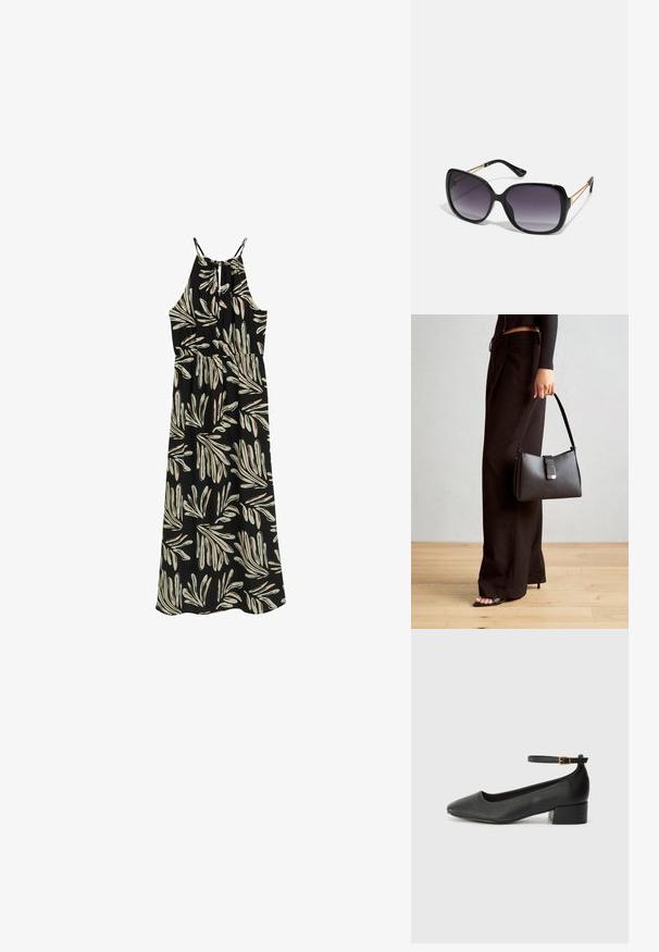 Černé maxi šaty s listovým vzorem v béžové a světle modré barvě. Design s halter krkem, nastavitelnými ramínky a elastickým pasem.; Černé kožené lodičky s špičatou špičkou a nízkým blokovým podpatkem. Obsahují pásek kolem kotníku se zlatou sponou. Hladký povrch.; Černé oversized sluneční brýle se gradientními skly, silnými rámy a zlatými řetízkovými detaily na nožičkách.; Černá kabelka se strukturovaným tvarem, hladkým povrchem a kovovým uzávěrem. Kombinována s širokými černými kalhotami a sandály s otevřenou špičkou na dřevěné podlaze.