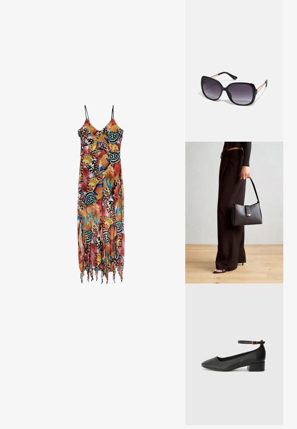 Maxi dress with spaghetti straps, featuring a colorful butterfly and feather pattern on a black background, with a fringed hem.; Black leather pump with a pointed toe and a low block heel. Features an ankle strap with a gold-tone buckle. Smooth texture.; Black oversized sunglasses with gradient lenses, thick frames, and gold-tone chain detailing on the temple arms.; Black handbag with structured shape, smooth texture, and a metallic clasp. Paired with wide black pants and open-toe sandals on wooden floor.