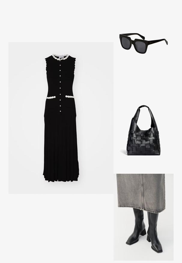 Fekete ujjatlan ruha, amelynek testre szabott felső része van, fehér virágos díszítéssel és gombokkal. Két elülső zsebe és plisszírozott szoknyája van.; Fekete, térdig érő csizmák sima bőrből, négyzet alakú orral és tömbsarkúval. Szürke farmer szoknyával viselve, amelynek az alja meg van sodorva.; Fekete téglalap alakú napszemüveg vastag műanyag kerettel és sötét lencsékkel. A szárak letisztultak, fényes felületűek és minimális márkázással rendelkeznek.; Fekete bőrből készült szőtt válltáska laza formával és széles vállpánttal. Jellemzője a texturált, összefonódott minta sima felülettel.