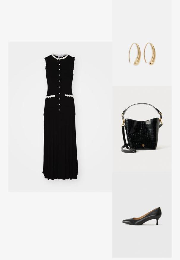 Vestito senza maniche nero con corpetto aderente, rifinitura floreale bianca e bottoni. Presenta due tasche frontali e un design di gonna plissettata.; Décolleté in pelle nera con punta affilata, tacco basso e texture liscia. Presenta un leggero apertura sulla parte anteriore e hardware minimale sul retro.; Borsa in pelle nera con effetto coccodrillo, dalla forma curvata, con dettagli in metallo dorato, una tracolla regolabile e un logo sul davanti.; Orecchini a cerchio in metallo color oro con forma curva ed allungata. Presentano una superficie liscia e lucida e una punta arrotondata per un tocco di dettaglio in più.