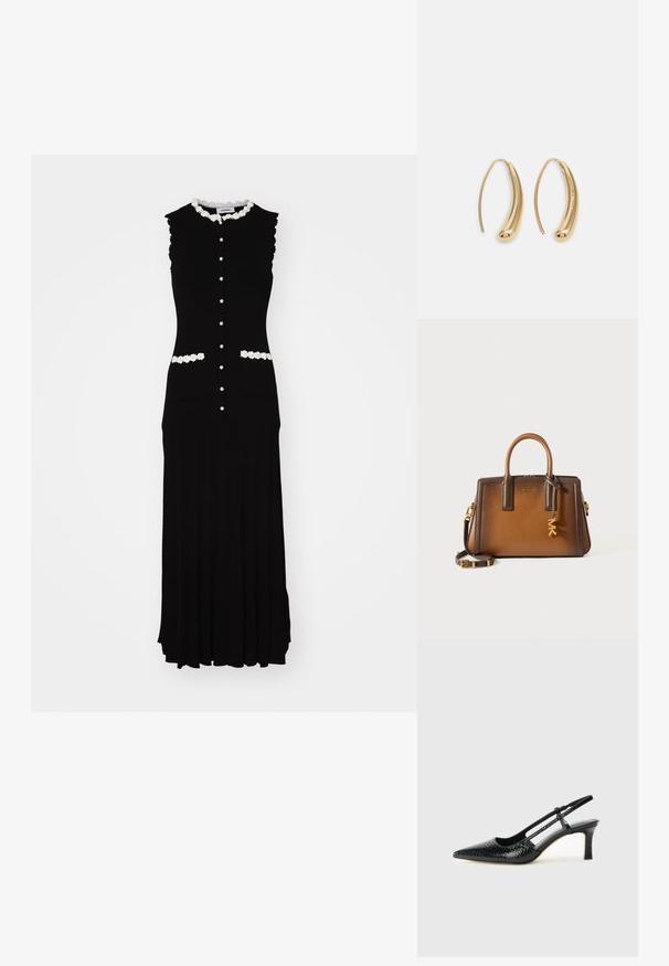 Juodas be rankovių suknelė su prigludusiu liemeniu, balta gėlių apdaila ir mygtukais. Yra dvi priekinės kišenės ir klostuota sijono dizainas.; Juodai lakuoti slingback aukštakulniai su smailiu nosiu, su tekstūruotu gyvatės raštu, reguliuojama juosta ir trumpu, tekstūruotu blokiniu kulnu.; Ruda odinė rankinė, pasižyminti dviem viršutiniais rankenomis, nuimama petneša, auksinėmis detalėmis ir dekoratyvine pakaba su raidėmis "MK."; Auksinės metalinės auskarų kabės su lenktą, pailgą forma. Turi lygų, blizgantį paviršių ir užapvalintą galiuką papildomam akcentui.