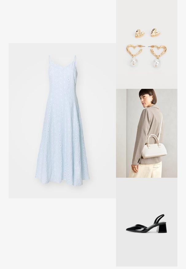 Rochie fără mâneci de culoare albastru deschis, cu o siluetă evazată, dintr-un material texturat cu dungi verticale subtile și mici detalii decupate.; Pantofi cu toc slingback din piele lacuită neagră, cu vârf ascuțit și toc geometric. Prezintă un design elegant, minimalist și o textură netedă.; Geantă structurată albă, cu mânere scurte și curea de umăr, având accente din metal aurit și material texturat, expusă pe un fundal gri.; Cercei în formă de inimă, aurii, cu un finisaj texturat, având un accent de perlă suspendat. Include cercei cu mărgărită asortați în formă de inimă.