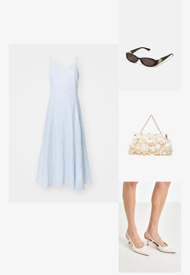 Világoskék, ujjatlan ruha, amelynek bővülő silhuettje van, texturált anyag, finom függőleges csíkokkal és apró kivágott részletekkel.; Beige patent bőr slingback magassarkúk hegyes orral és 5 cm-es sarokkal, kivágott oldalakkal és vékony bokapánttal.; Tortából készült napszemüveg, hosszúkás ovális lencsékkel, barna színű árnyalattal, arany logóval a fülkagylón, és karcsú fekete szárakkal.; Fehér virágmintás kézitáska gyűrt szövet felülettel, aranyszínű lánccal és fémetaljzattal. Textúrázott szirmokkal készült a részletesebb megjelenés érdekében.