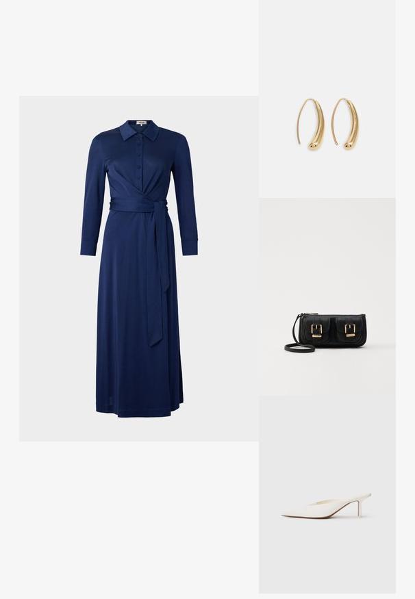 Rochie bleu marin cu guler, mâneci lungi, închidere cu nasturi în față și curea la talie. Prezintă un design tip wrap și o textură fină. Lungimea ajunge până la jumătatea gambei.; Mule alb cu vârf ascuțit și toc stiletto mic. Fabricat din material neted, cu un design minimalist și detalii subtile pe talpa bej.; Geantă neagră din piele, tip crossbody, cu două buzunare frontale, catarame aurii, închidere cu fermoar și o curea subțire. Suprafață texturată și formă rectangulară compactă.; Cercei din metal auriu, cu un design curbat și alungit. Au o suprafață netedă și strălucitoare, cu un vârf rotunjit pentru un detaliu suplimentar.