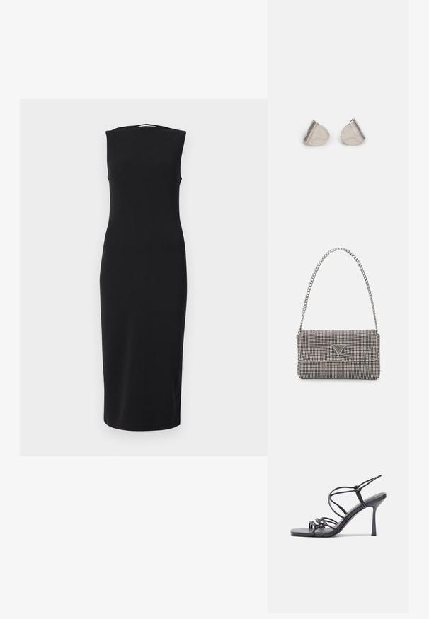 Svart ermeløs kjole laget av glatt stoff, med en tettsittende silhuett, kne-langt snitt og en subtil rund halslinning.; Svart høye hælsandaler har tynne stropper med en knyttet design, en glatt firkantet tå og en elegant stiletto-hæl.; Lys grå metallisk håndveske med kjedehank, dekorert med små sirkulære metalliske nagler og en triangel merkevarelogo.; Sølvmetalløreringer med en jevn, dråpeform og en polert finish. Subtile graveringer legger til detaljer. Minimalistisk design.