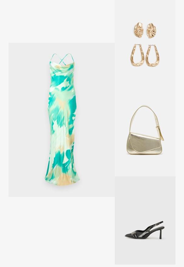 Haljina bez rukava do poda u zelenoj i bež boji s tie-dye uzorkom. Glatka tkanina s drapiranim dekolteom i ukriženim trakama na leđima.; Crna lakirana slingback cipela s izduženim vrhom, remenčićima oko gležnja s srebrnim kopčama i dijelovima, te vitkim potplatom.; Zlatna metalna torba s uređenim dizajnom, glatkom teksturom i podesivim remenom. Ima jedinstven trokutasti oblik i minimalističko šivanje.; Naušnice zlatne boje s teksturiranim, valovitim oblicima. Uključuju skulpturalne kopče i dizajn otvorene kružnice s kovanom završnom obradom.